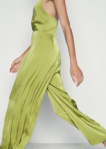 Kadın Parlak Haki V-Yaka Uzun Tulum - Görsel 5