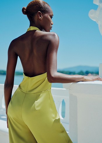 Kadın Parlak Haki V-Yaka Uzun Tulum - Görsel 2