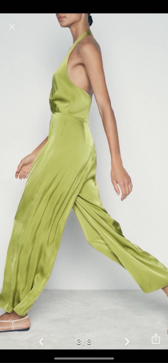 Kadın Parlak Haki V-Yaka Uzun Tulum - Görsel 5