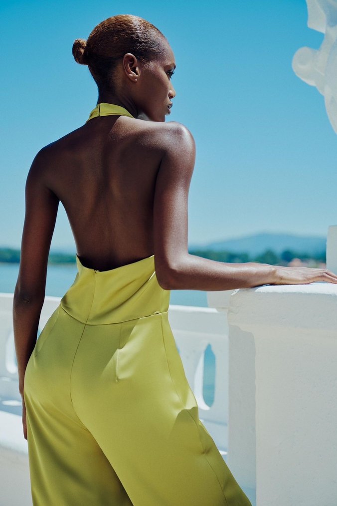 Kadın Parlak Haki V-Yaka Uzun Tulum - Görsel 2