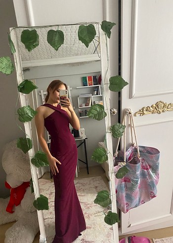s Beden Bordo Uzun Kadın Abiye Elbise