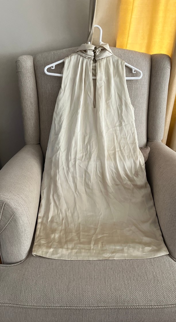 Bej Saten Yüksek Yakalı Saten Gece Elbisesi - Görsel 4