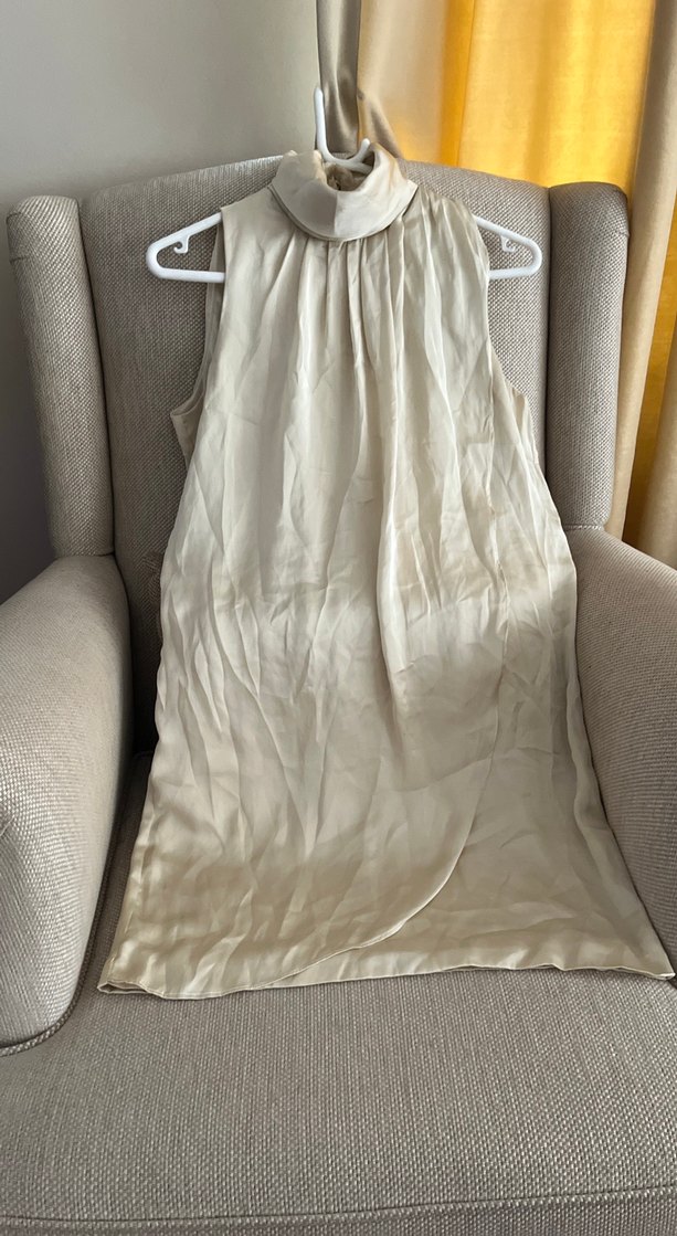 Bej Saten Yüksek Yakalı Saten Gece Elbisesi - Görsel 2