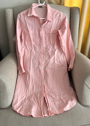 Pembe Uzun Kollu Pamuklu Gömlek Tunik