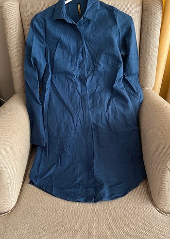 Mavi Pamuklu Uzun Kollu Fitted Gömlek Tunik