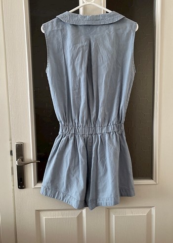 Düğmeli Keten Mavi Kolsuz Mini Tulum - Görsel 6