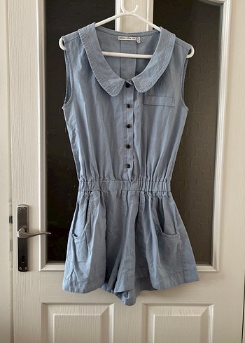 Düğmeli Keten Mavi Kolsuz Mini Tulum - Görsel 5