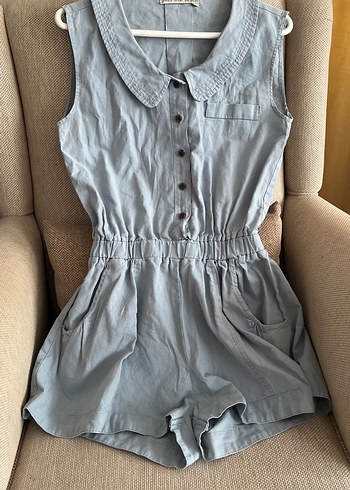 Düğmeli Keten Mavi Kolsuz Mini Tulum - Görsel 2