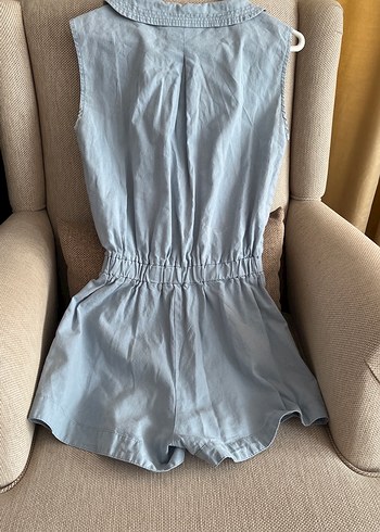 Düğmeli Keten Mavi Kolsuz Mini Tulum - Görsel 4