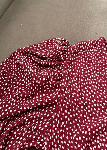 Bordo Puantiyeli Uzun Kollu V Yaka Elbise - Görsel 3