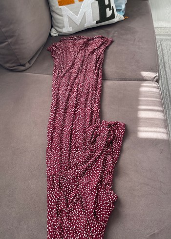 Bordo Puantiyeli Uzun Kollu V Yaka Elbise - Görsel 2