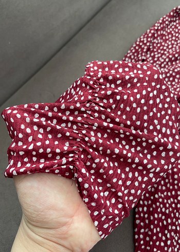 Bordo Puantiyeli Uzun Kollu V Yaka Elbise - Görsel 4