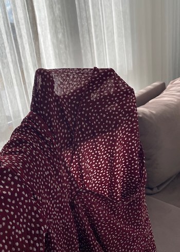 Bordo Puantiyeli Uzun Kollu V Yaka Elbise - Görsel 5