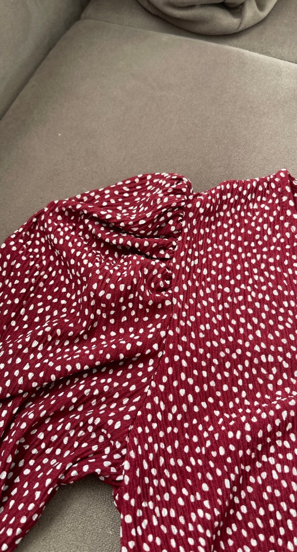 Bordo Puantiyeli Uzun Kollu V Yaka Elbise - Görsel 3