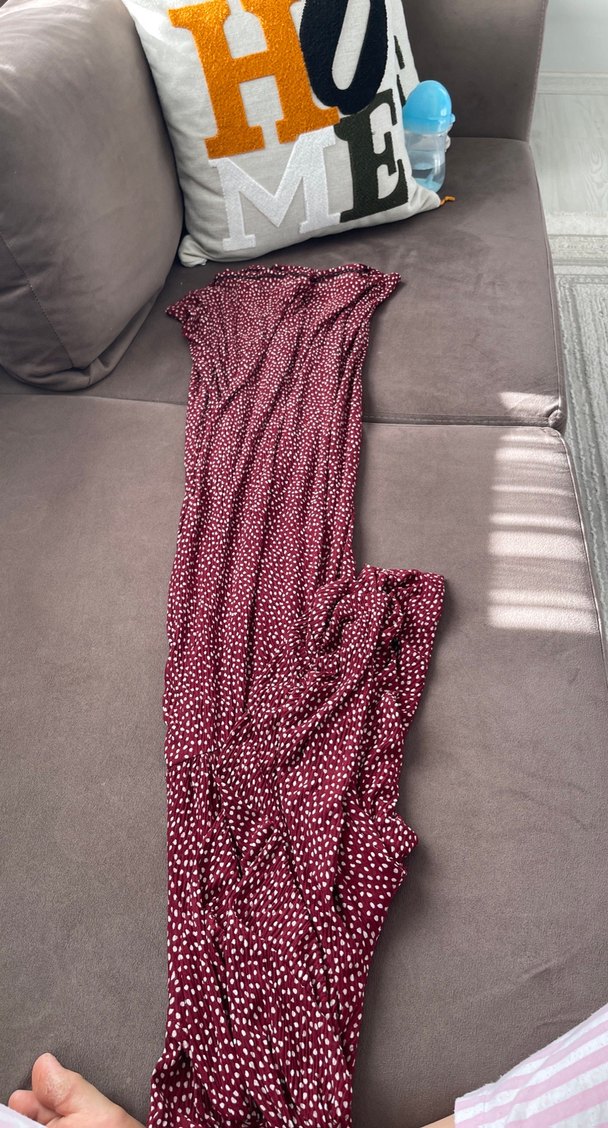 Bordo Puantiyeli Uzun Kollu V Yaka Elbise - Görsel 2