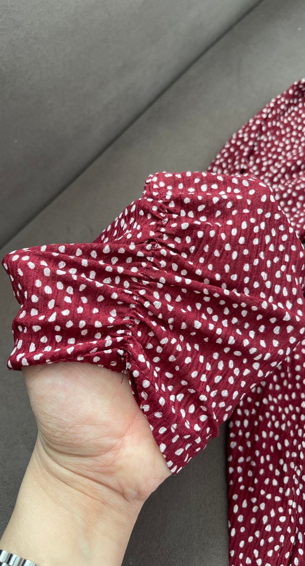 Bordo Puantiyeli Uzun Kollu V Yaka Elbise - Görsel 4