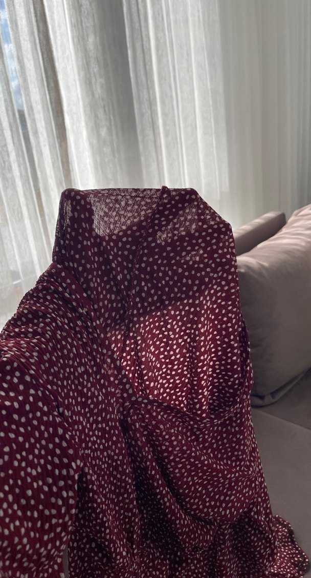 Bordo Puantiyeli Uzun Kollu V Yaka Elbise - Görsel 5