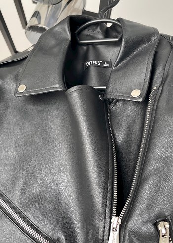 Kadın Siyah Deri Biker Ceket - Görsel 5