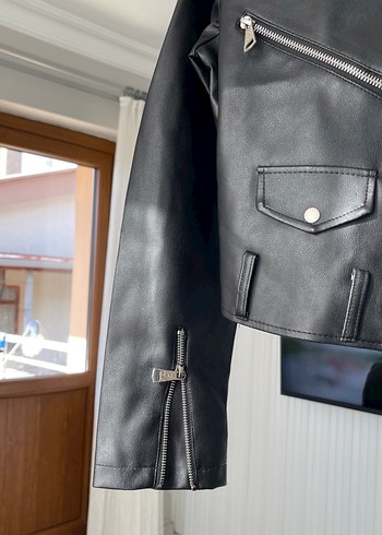 Kadın Siyah Deri Biker Ceket - Görsel 2