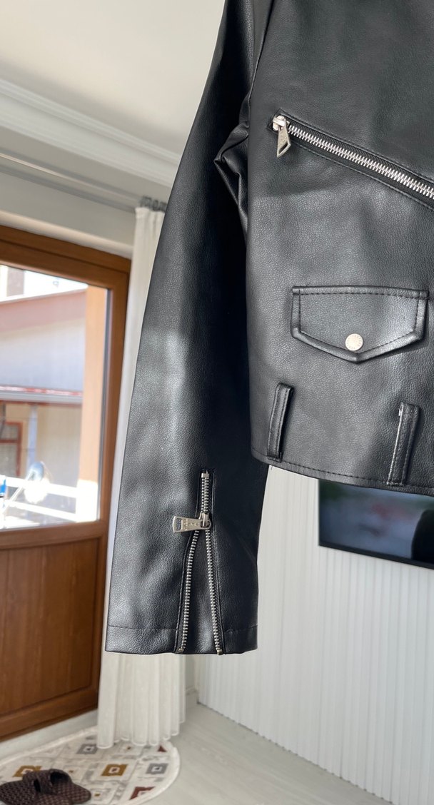 Kadın Siyah Deri Biker Ceket - Görsel 2