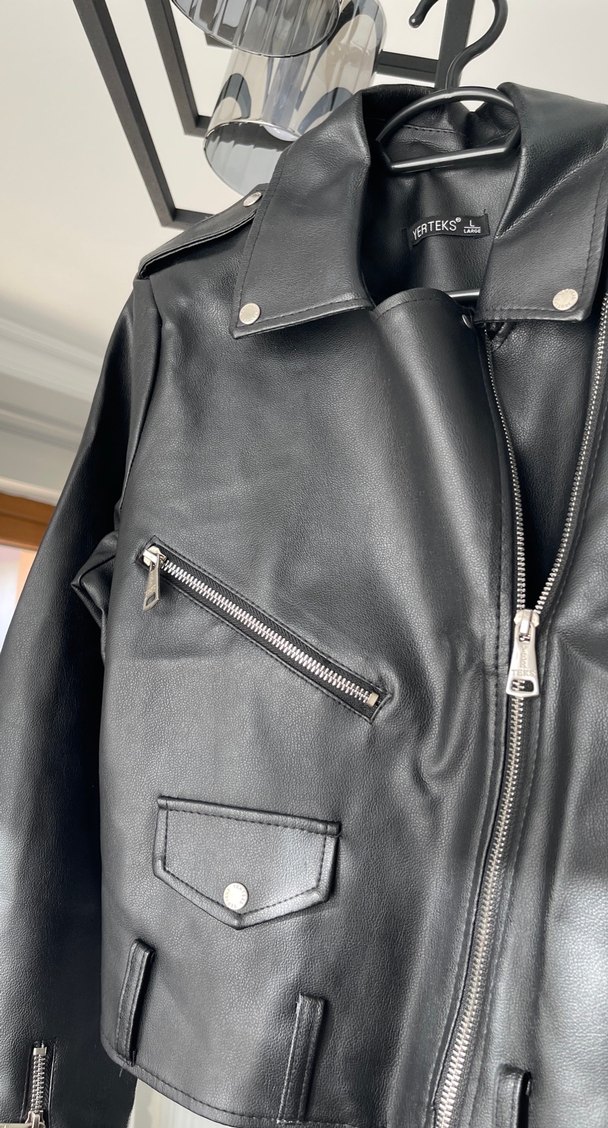 Kadın Siyah Deri Biker Ceket - Görsel 3