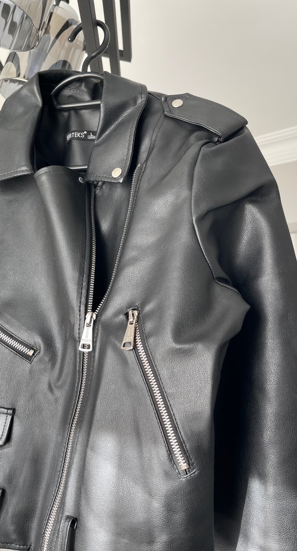 Kadın Siyah Deri Biker Ceket - Görsel 4