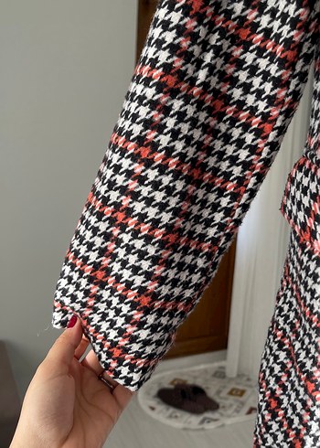 Düğmeli Kırmızı Ekose Midi Blazer - Görsel 3