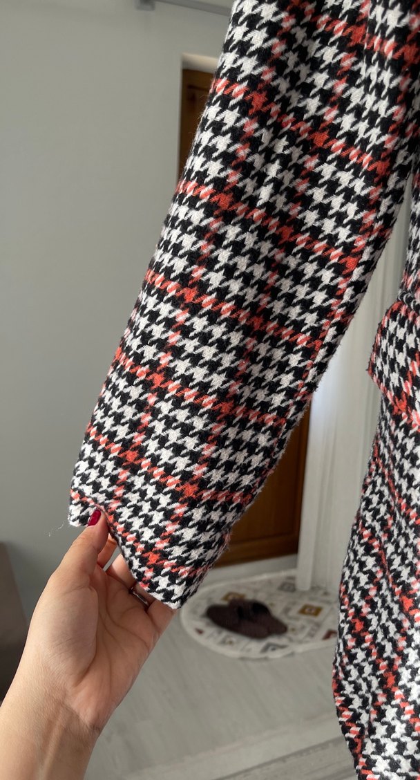 Düğmeli Kırmızı Ekose Midi Blazer - Görsel 3