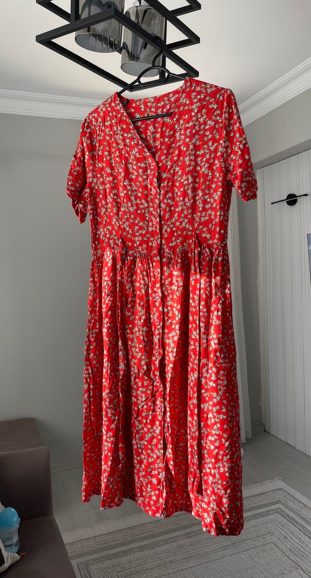 Kırmızı Çiçekli Midi Bohem Elbise - Görsel 2