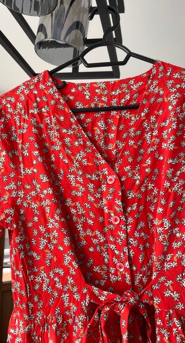 Kırmızı Çiçekli Midi Bohem Elbise - Görsel 5