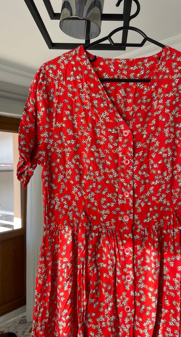 Kırmızı Çiçekli Midi Bohem Elbise - Görsel 3