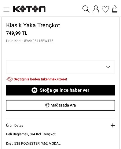 Koton Koton hardal trençkot