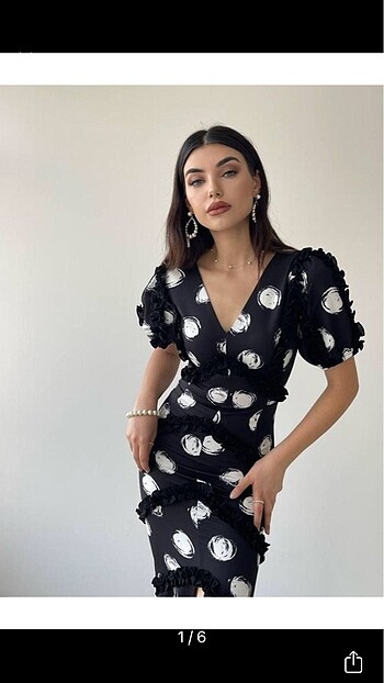 Trendyol & Milla Siyah Puantiyeli Fırfır Detay Midi Boy Abiye