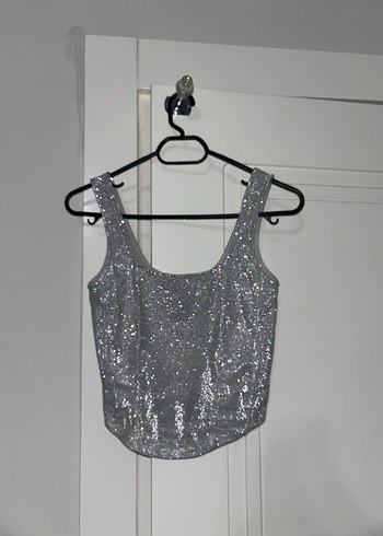 Kadın Gri Simli Kısa Crop Top - Görsel 2