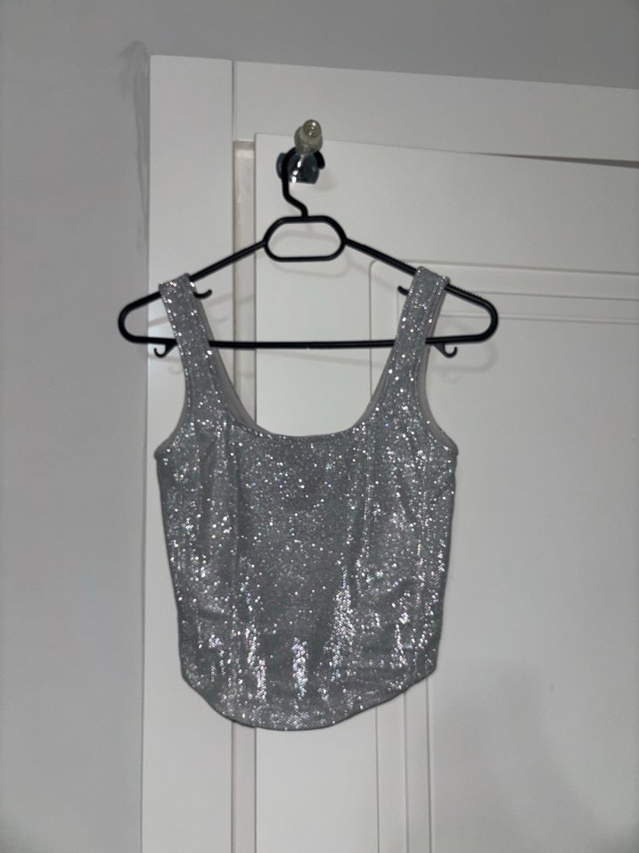 Kadın Gri Simli Kısa Crop Top - Görsel 2