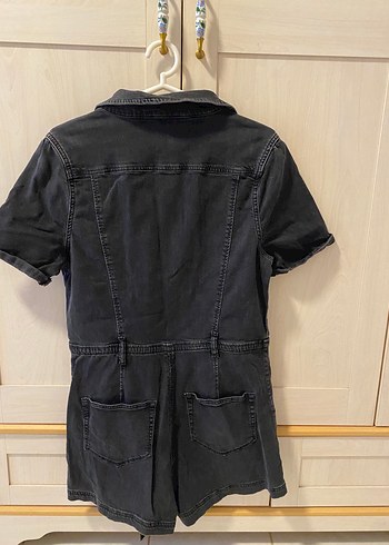 Siyah Denim Kısa Tulum, Kemerli, Kısa Kollu - Görsel 7