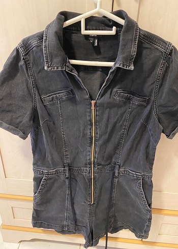 Siyah Denim Kısa Tulum, Kemerli, Kısa Kollu - Görsel 2