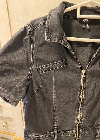 Siyah Denim Kısa Tulum, Kemerli, Kısa Kollu - Görsel 4