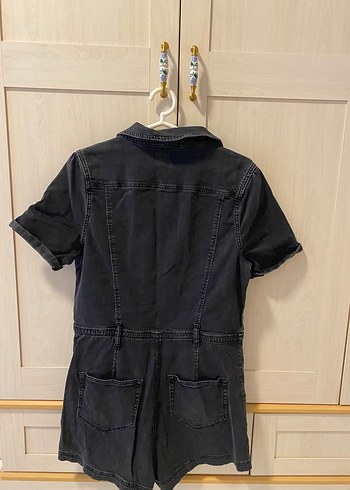 Siyah Denim Kısa Tulum, Kemerli, Kısa Kollu - Görsel 6