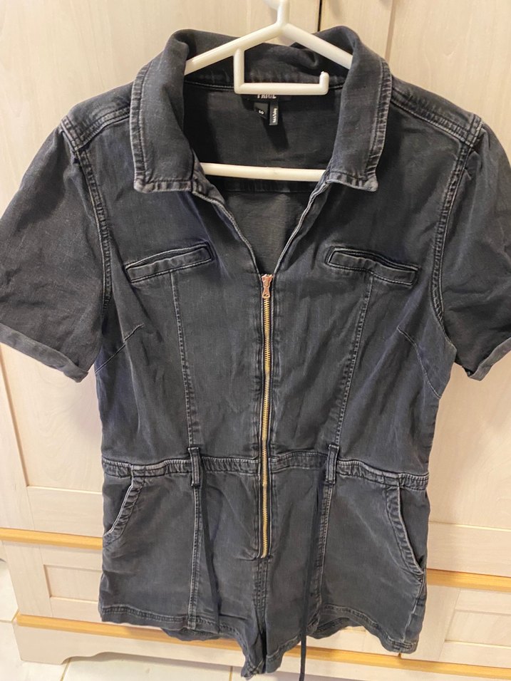 Siyah Denim Kısa Tulum, Kemerli, Kısa Kollu - Görsel 2