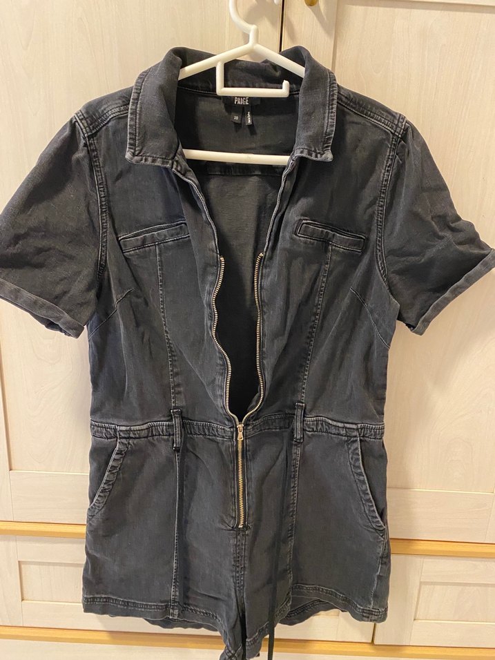 Siyah Denim Kısa Tulum, Kemerli, Kısa Kollu - Görsel 5