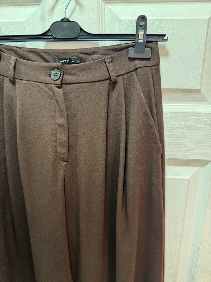 Düğmeli Kahverengi Kadın Uzun Kumaş Pantolon - Görsel 3