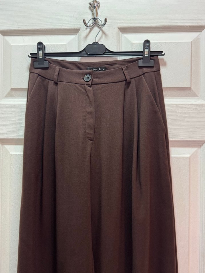 Düğmeli Kahverengi Kadın Uzun Kumaş Pantolon - Görsel 2