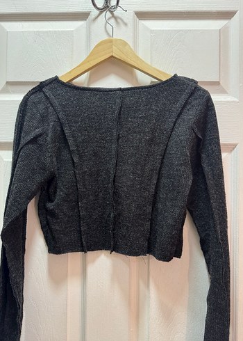 Uzun Kollu Gri Triko Kadın pantolon crop takım - Görsel 6