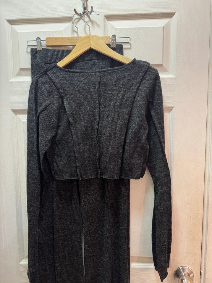 Uzun Kollu Gri Triko Kadın pantolon crop takım - Görsel 2