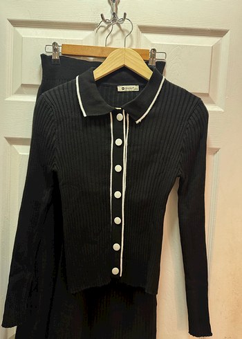 Düğmeli Siyah Midi Triko Kadın etekli hırkalı takım - Görsel 2