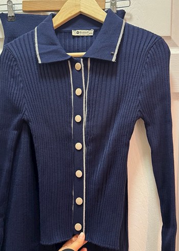 Düğmeli Lacivert Triko Kadın etekli hırkalı takım - Görsel 3