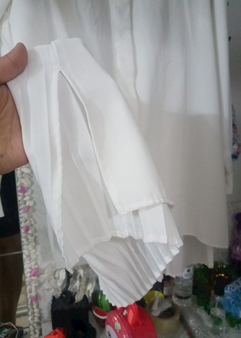 Beyaz Pilili Uzun Kollu Kadın Gömlek - Görsel 4