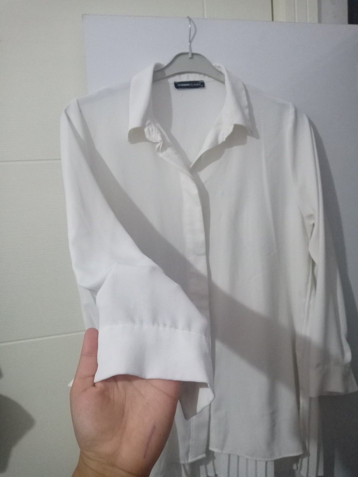 Beyaz Pilili Uzun Kollu Kadın Gömlek - Görsel 2