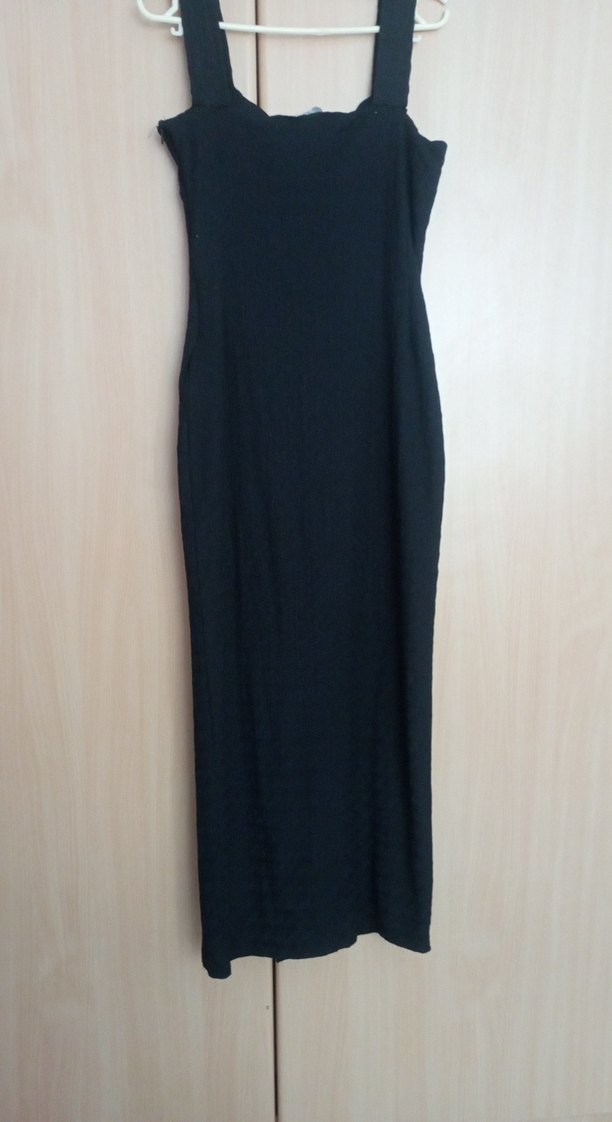 siyah Uzun Drapeli İnce Askılı Elbise - Görsel 4